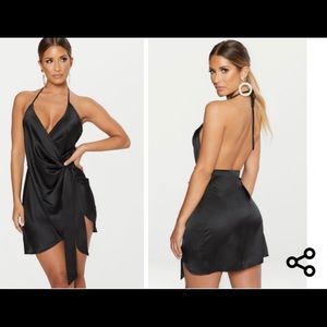 Black Satin Halterneck wrap bodycon